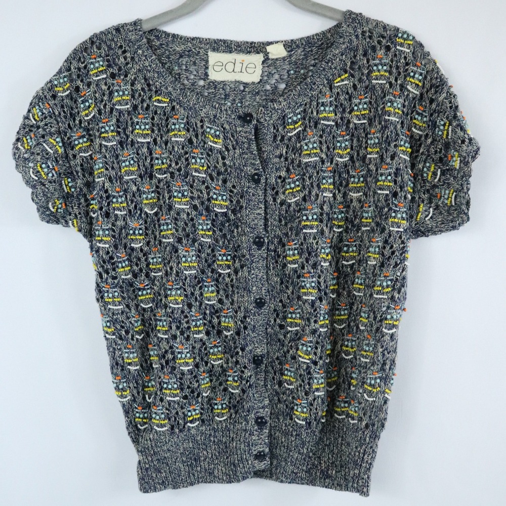 Anthropologie Edie Sweater Refracted Scarab Beaded Linen Cardigan Size Small